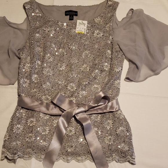 connected appared Tops - Gray Tan Sequin Tie Front Flutter Sleeve Blouse